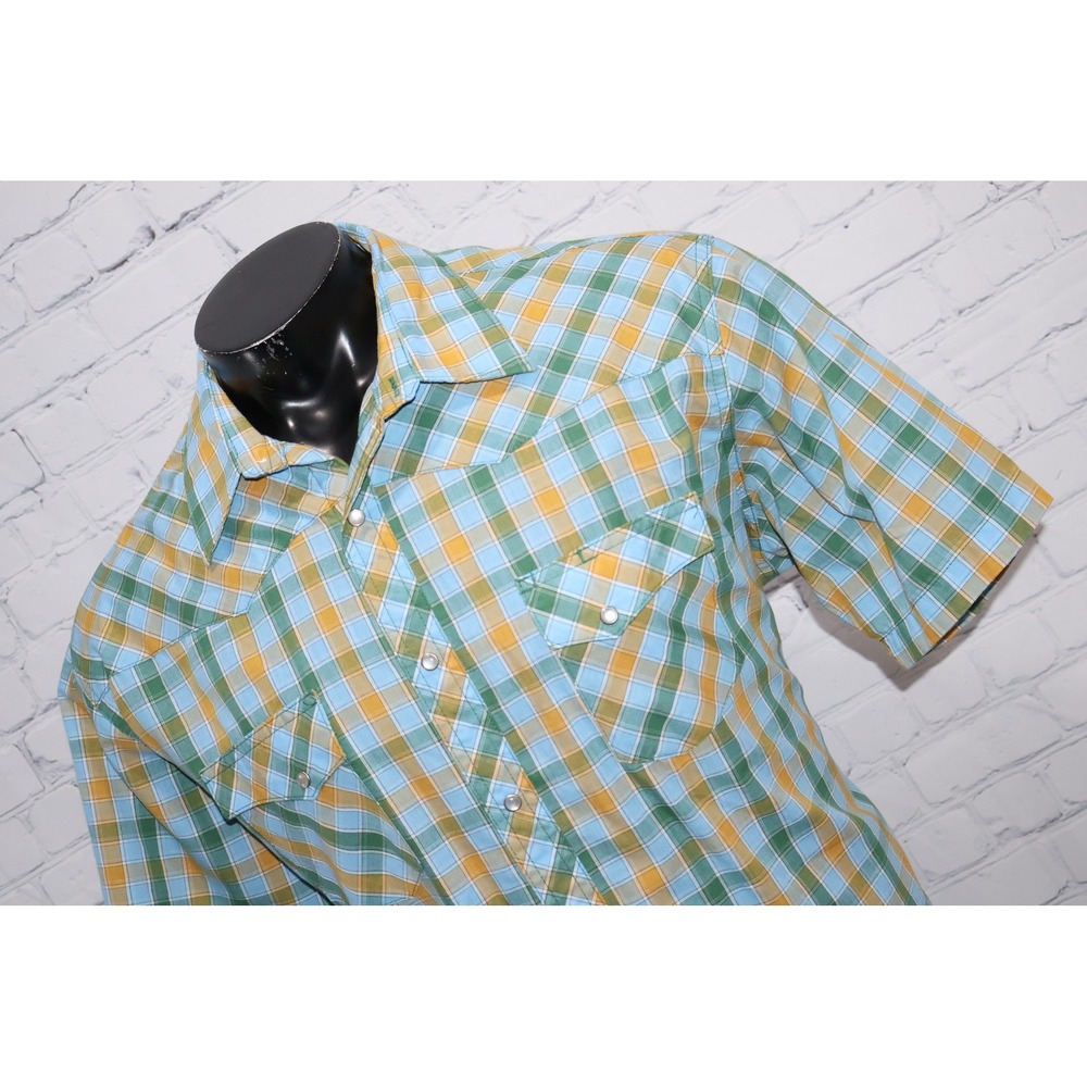 Wrangler Wrancher Shirt Mens 2X Blue Green Plaid Cowboy Western Pearl Snaps
